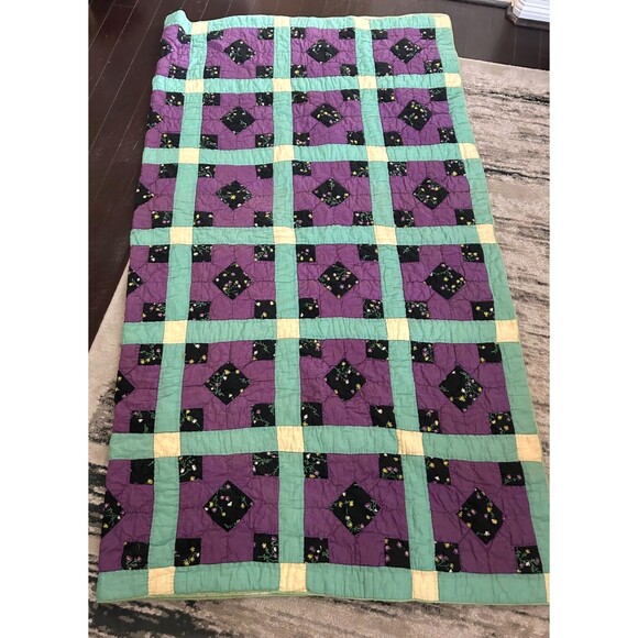 Antique Hand Stitched Square Patchwork Lattice Quilt Cream Backing 64W X 74L Rck - Picture 2 of 12